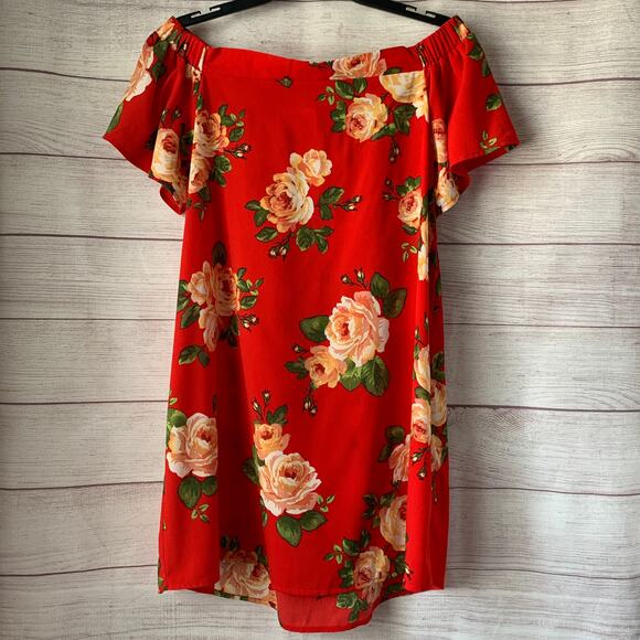 Blu Pepper Red Floral Off The Shoulder Shift Dress Size Large - Picture 1 of 10